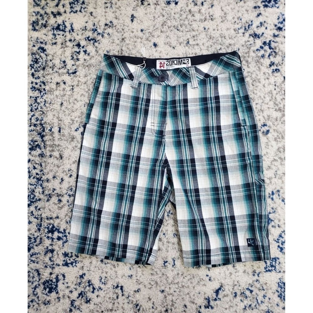 MICROS Cargo Shorts Plaid Checkered Casual Teal Lightweight Button Shorts 14